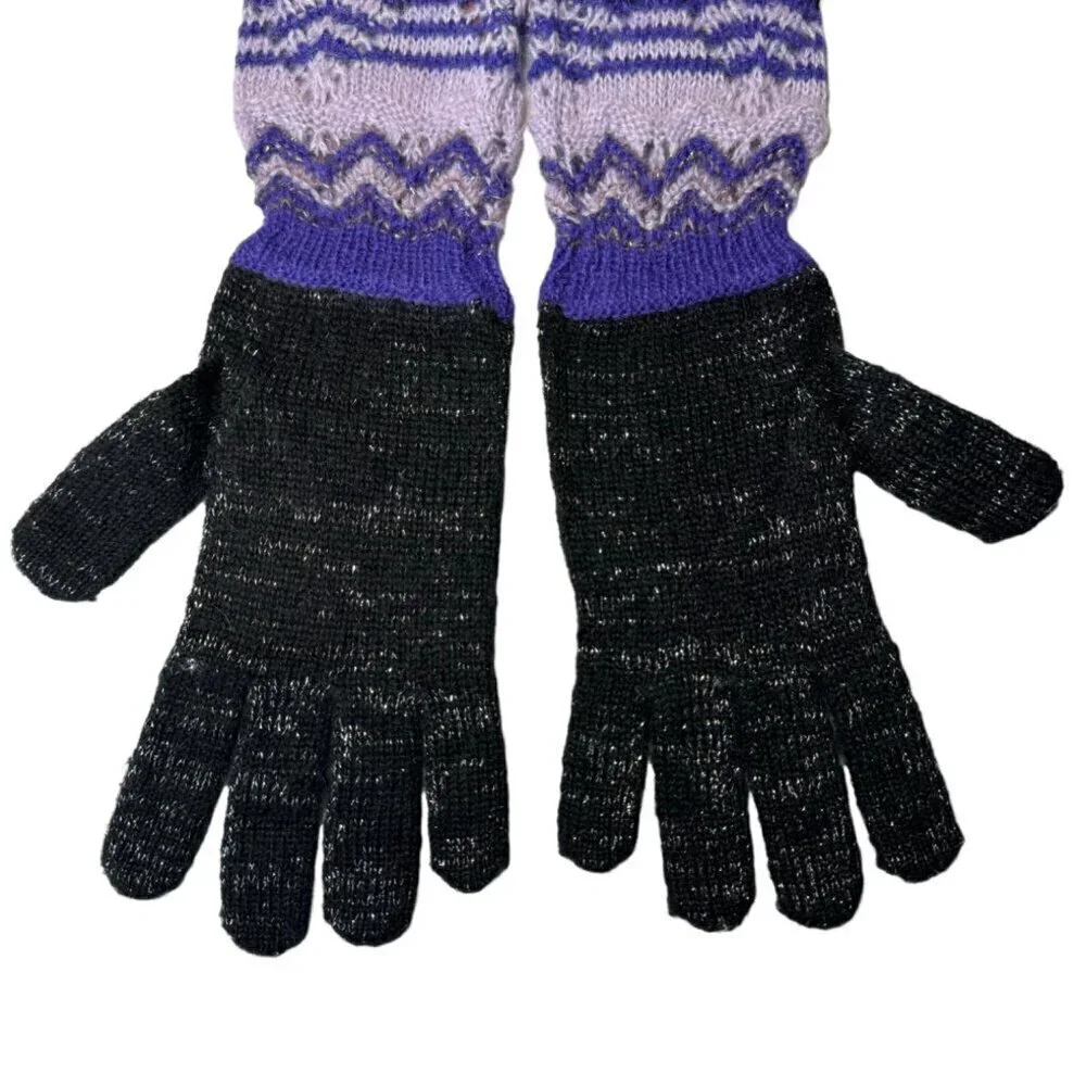 New Missoni Gloves Knit Wool Black Long Purple Cuff Winter Accessories Boho